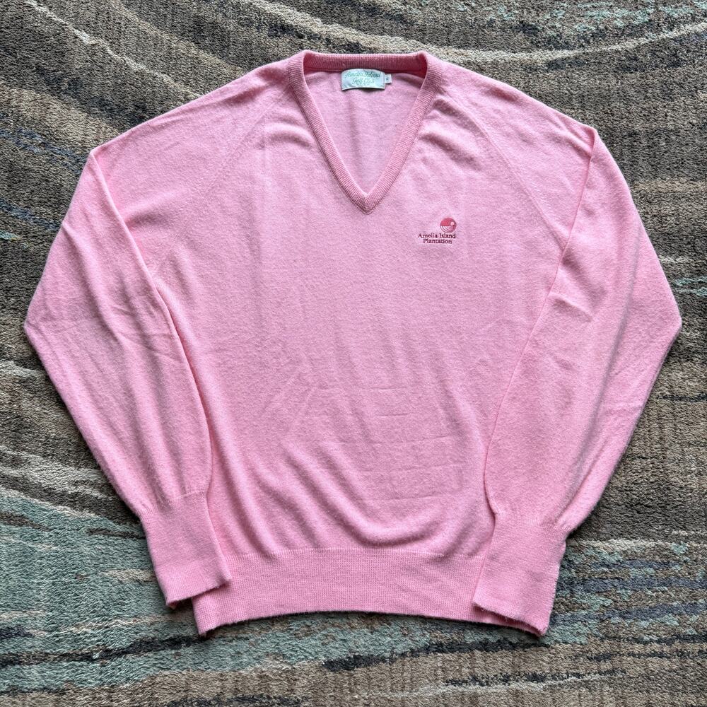 Men's Vintage 80's Amelia Island Plantation Golf Club Pink V-Neck Sweater Sz XL